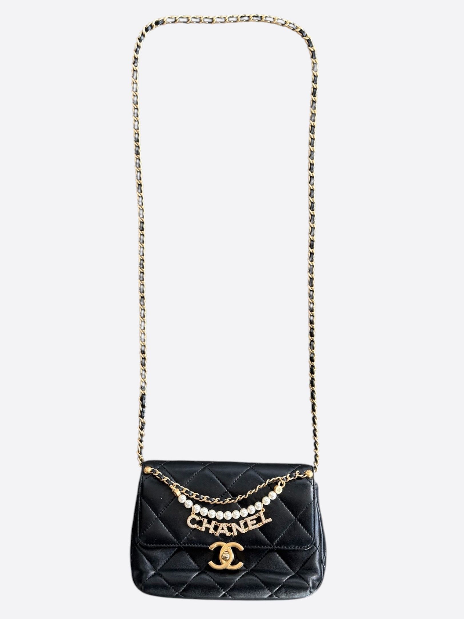 Chanel Black Lambskin Quilted Mini Pearl Logo Flap Bag, Women's