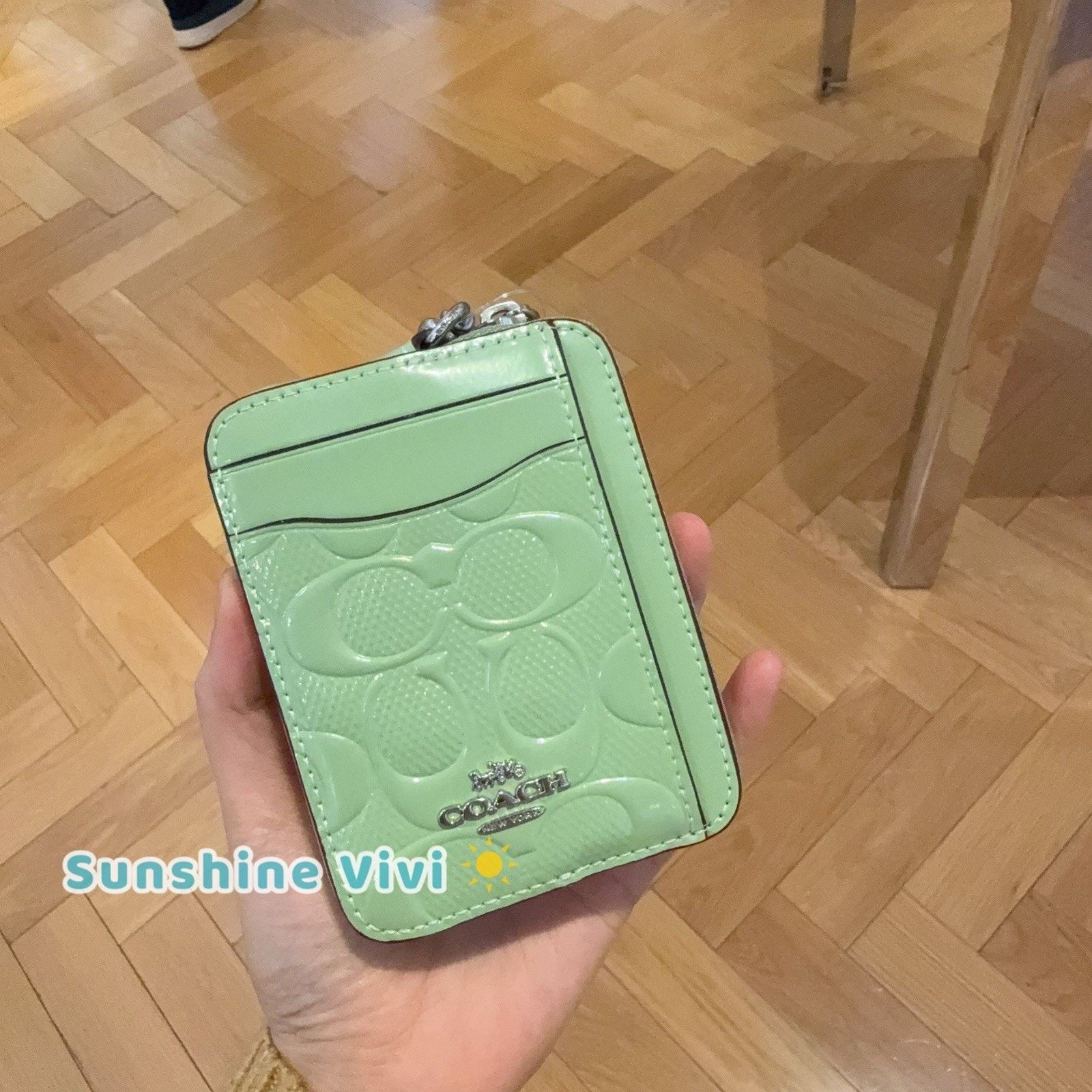 NWT Coach Zip Card Case Leather Heart Charm CDQ15 Pale Green