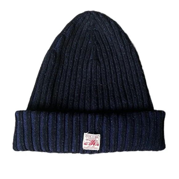 Polo Ralph Lauren RL Blue Black Wool Blend Beanie Hat Cap