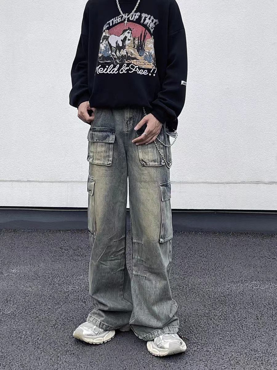 Vintage Washed Workwear Straight Leg Loose Jeans