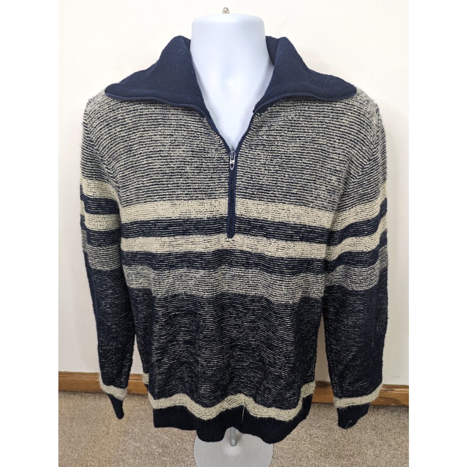 JCPenney VINTAGE JC Penney Sweater Mens XL Knit Mock Neck 1/4 Zip Blue Striped S13 Size US XL / EU 56 / 4 - 2 Thumbnail