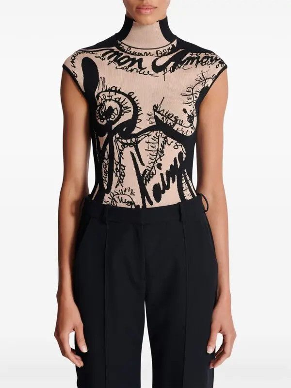 Balmain o1s1wg111225 Jacquard-Knit Bodysuit in Beige Size L / US 10 / IT 46 - 2 Thumbnail