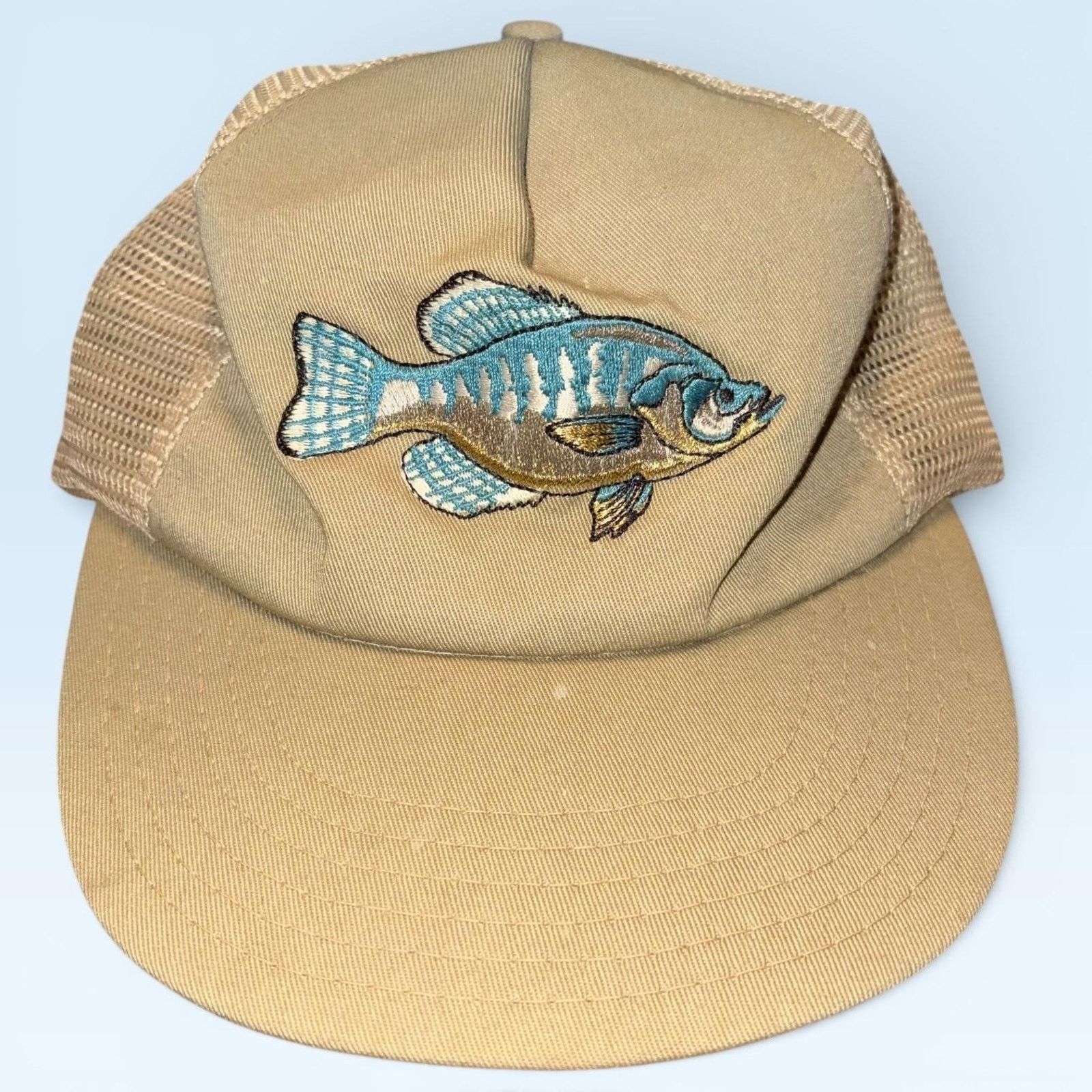 Vintage Vtg Fish Hat Cap Snap Back Beige Mesh Trucker 80s Fishing Size ONE SIZE - 1 Thumbnail