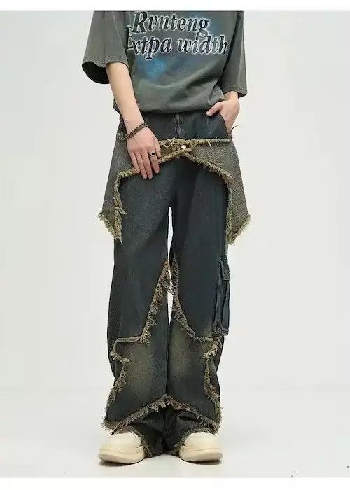 Japanese Brand × Jean Star Patch Hombre Distressed Baggy Jean Pant Size US 32 / EU 48 - 3 Thumbnail