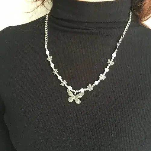 Jewelry × Vintage Goth Harajuku Butterfly Pearl Pendant Chain Choker Necklace Size ONE SIZE - 2 Thumbnail