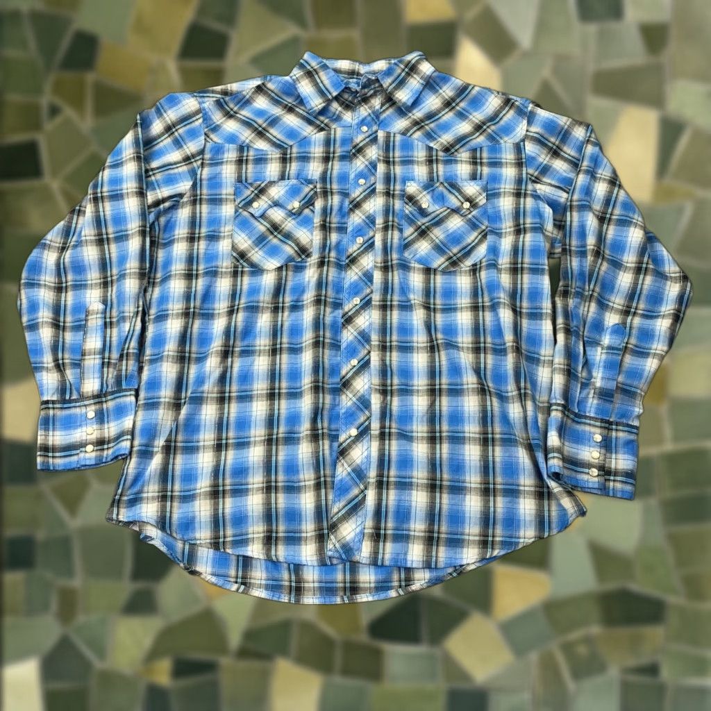 Wrangler Wrangler Shirt Large Blue Plaid Western Fashion Snap Pearl Pockets Rodeo Mens Size US L / EU 52-54 / 3 - 1 Thumbnail