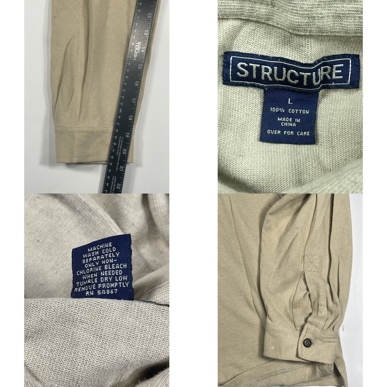 Vintage Structure Mens Long Sleeve Polo Shirt L Beige Collared Button 100% Cotton Size US L / EU 52-54 / 3 - 8 Thumbnail