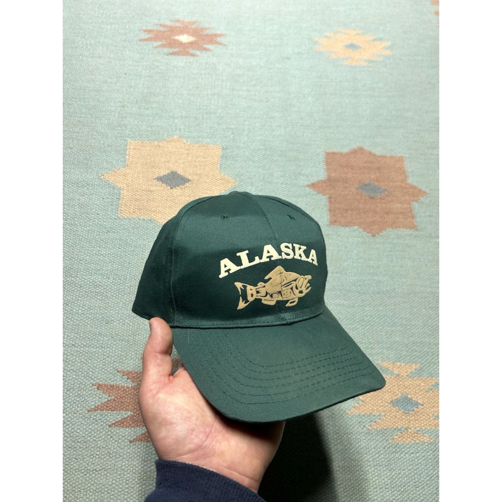 Native VINTAGE strapback hat cap Alaska fish native graphic forest green adjustable Men Adjustable Green Fish Logos strapback Men Size ONE SIZE - 2 Thumbnail