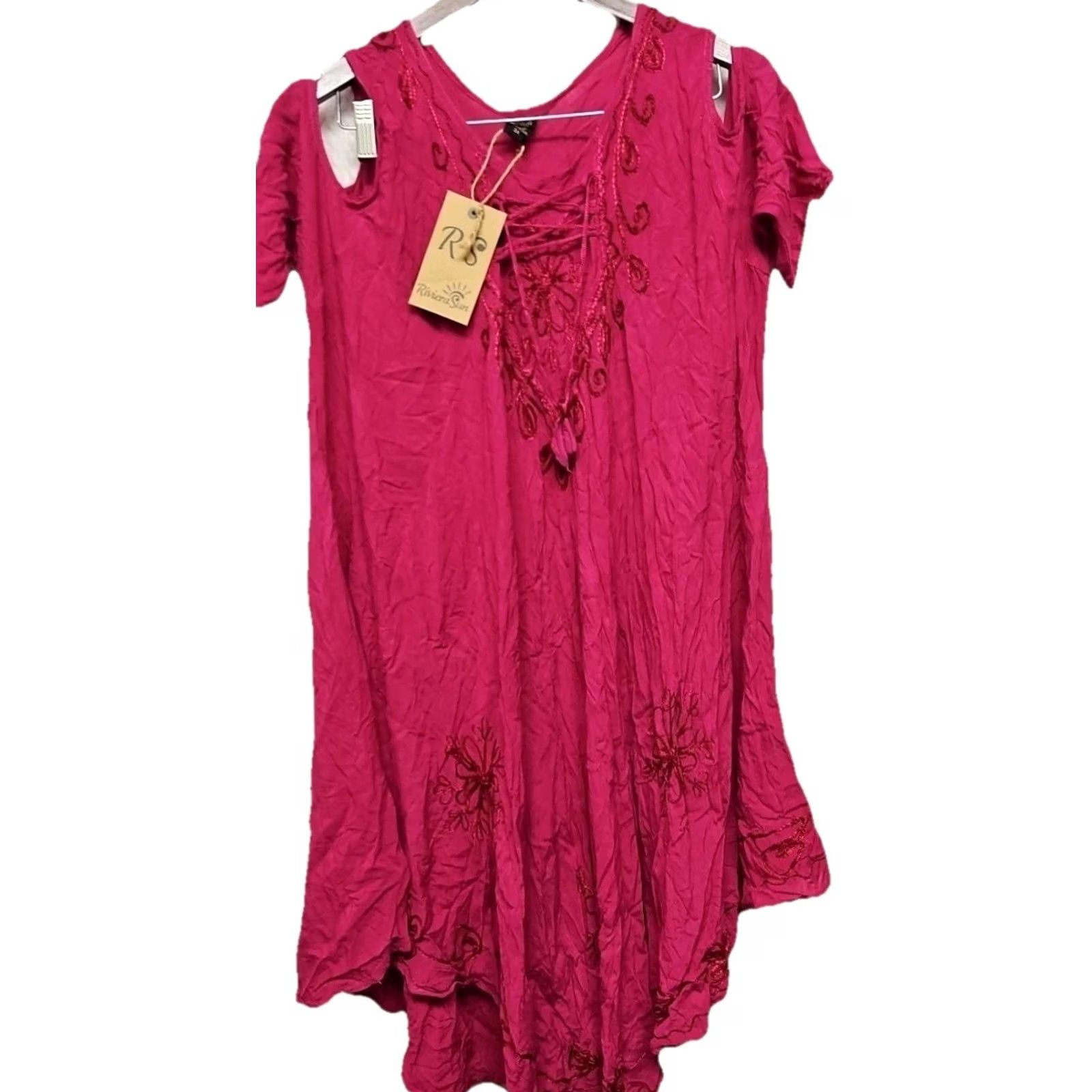 Rivieras Riviera Sun Pink Embroidered Boho Tunic Dress Women’s Plus 3X Pullover Scoop Neck Knee Length Rayon Floral Embroidered Bohemian Style Womens Size XXL / US 16-18 / IT 52-54 - 2 Thumbnail