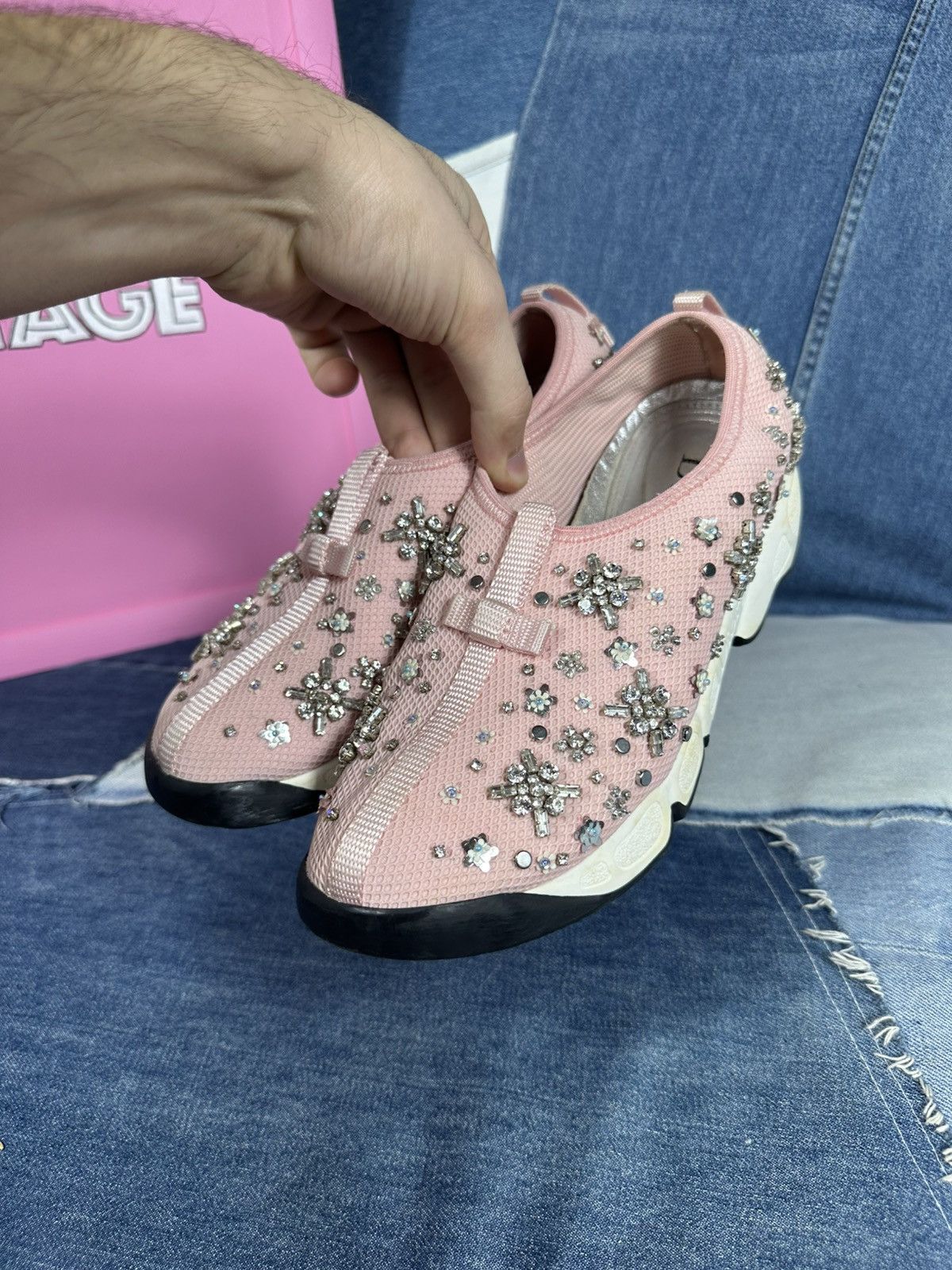 Dior Dior Fusion Pink Bling Mesh Rhinestones Low Sneakers Size US 7 / IT 37 - 22 Thumbnail