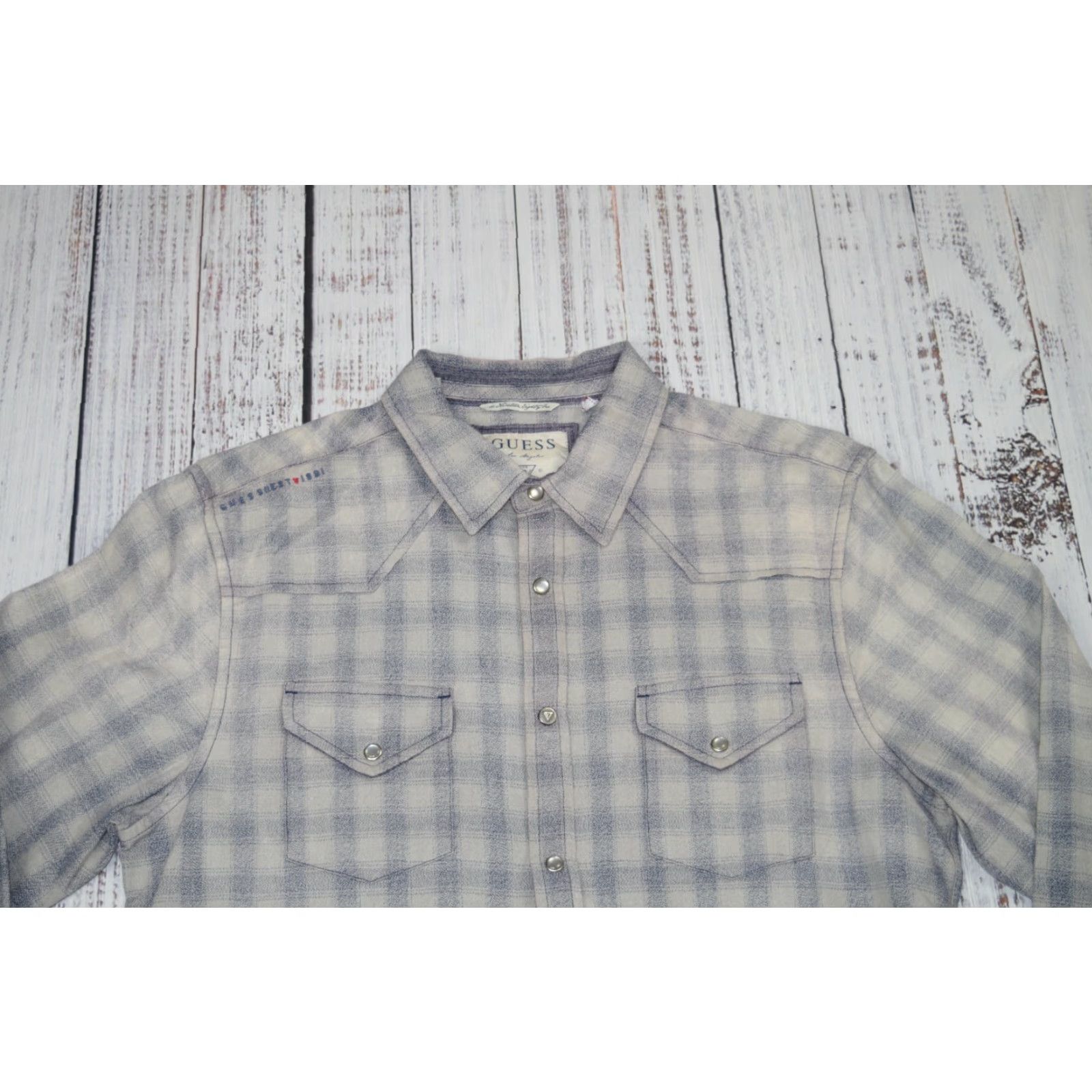Guess GUESS JEANS Shirt Mens Medium Shadow Plaid Grey Cotton Flannel Snap Up Western 90s Size US 31 - 2 Thumbnail