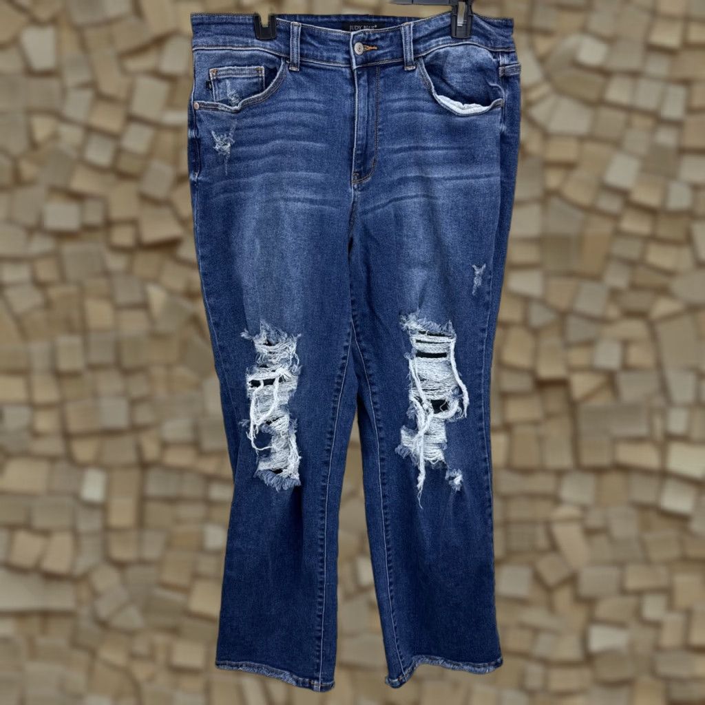 Vintage Judy Blue Jeans 16W 5-Pocket Distressed Wide Leg High Rise Medium Wash Denim Stretch Classic Blue Women Adults Jeans Size 38" / US 16 / IT 52 - 1 Thumbnail