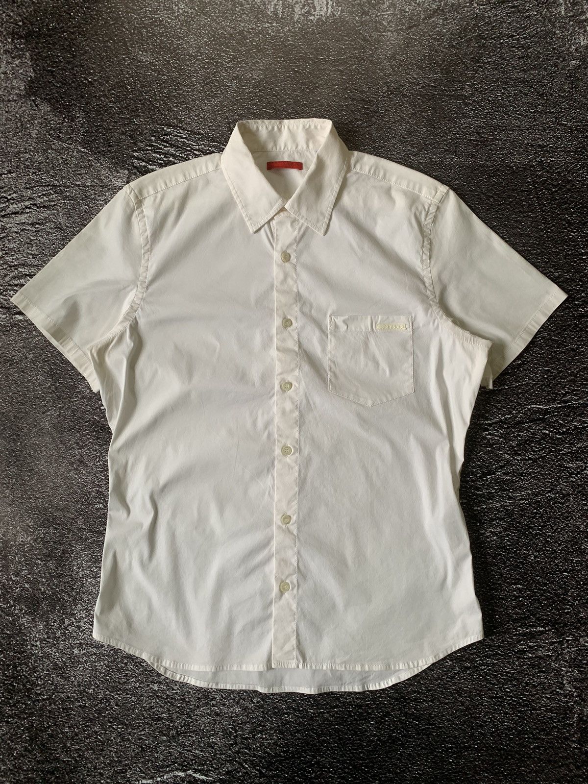 image of Vintage Prada White Tab Button Up Short Sleeve White Shirt, Men's (Size XS)