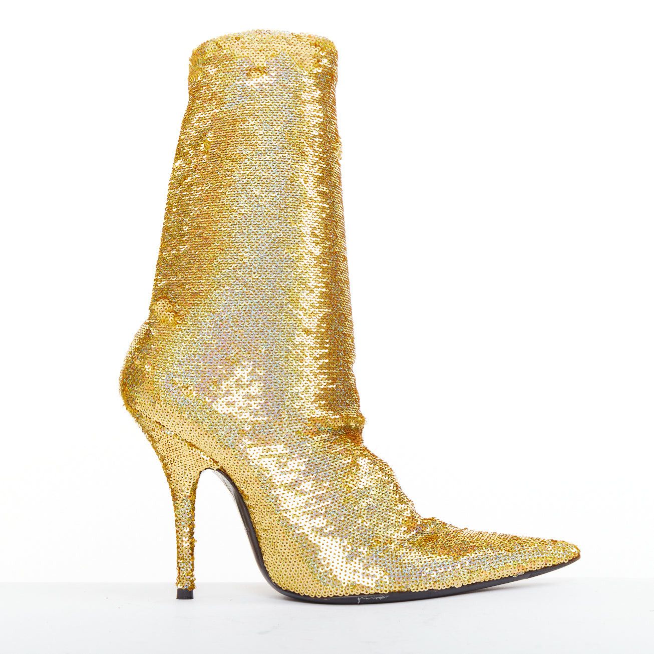 BALENCIAGA Demna Knife gold holographic sequins point toe stiletto sock ankle boots EU36