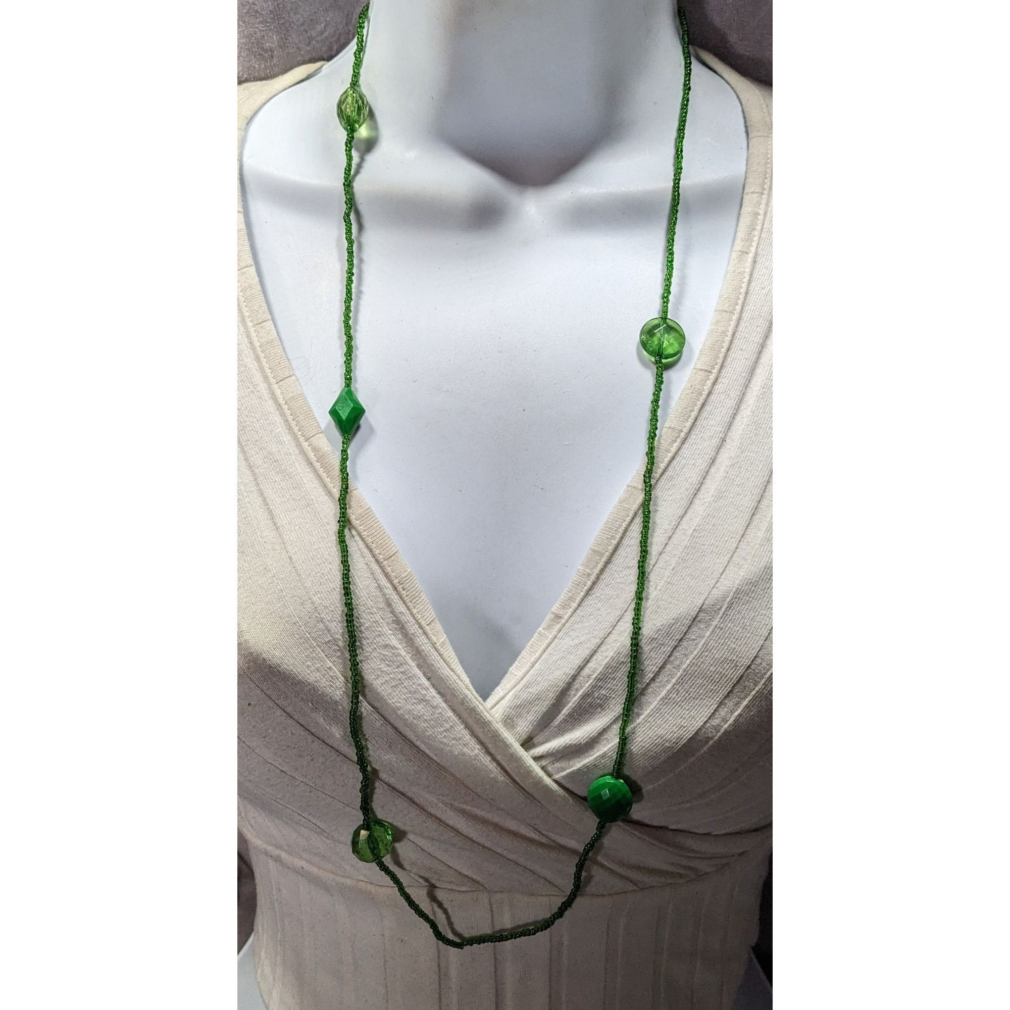 Handmade Long Green Beaded Necklace With Faceted & Smooth Beads Light Size ONE SIZE - 4 Thumbnail