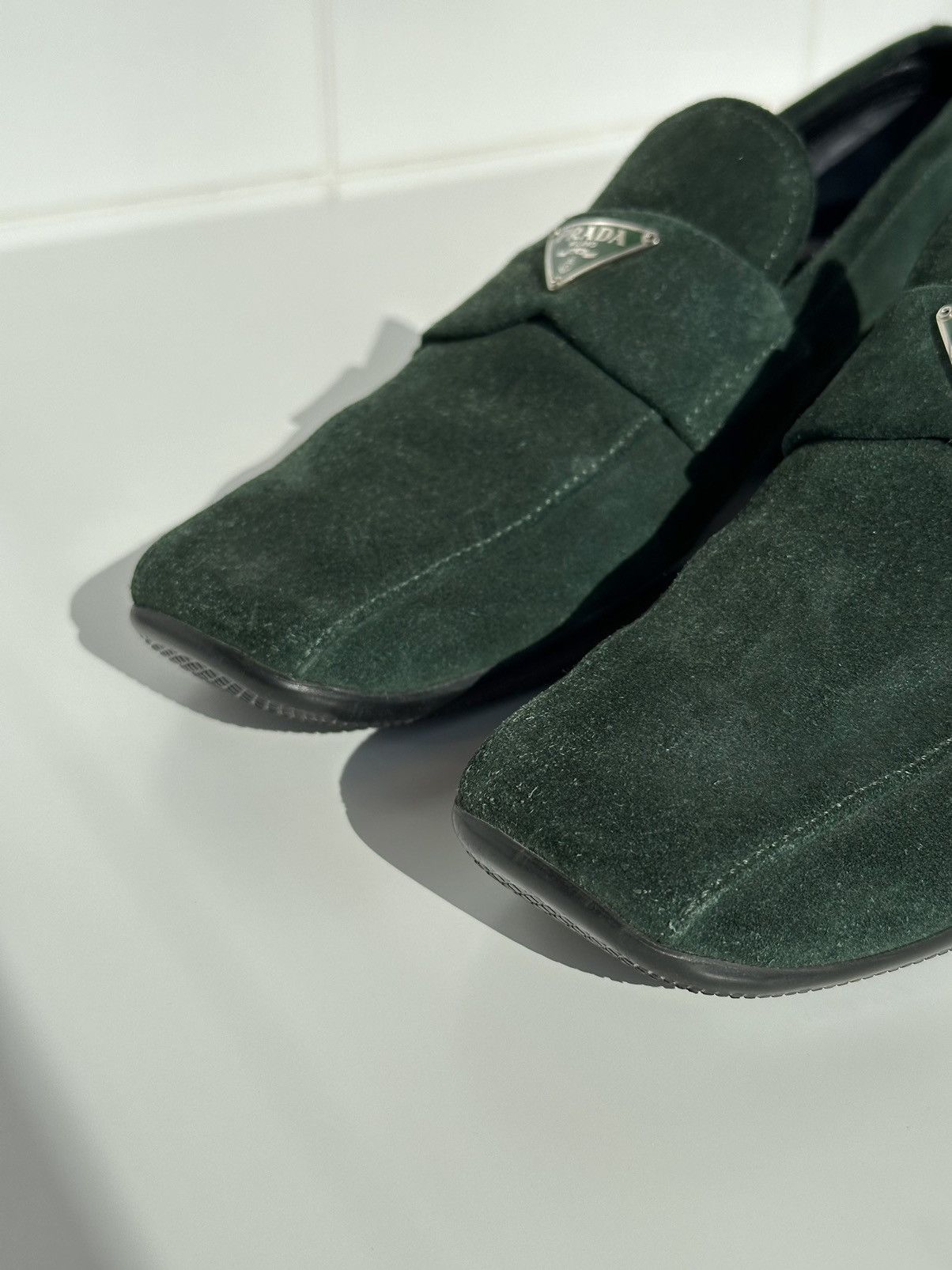 Prada PRADA Green Suede Triangle Logo Square Toe Loafers Slip One Size US 6 / IT 36 - 14 Thumbnail