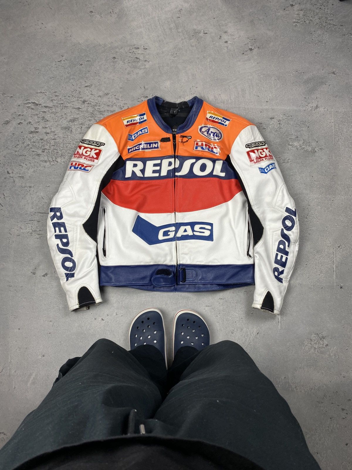 image of Nascar x Racing Repsol Michelin Racing Leather Jacket With Shield Pads in White, Men's (Size Medium