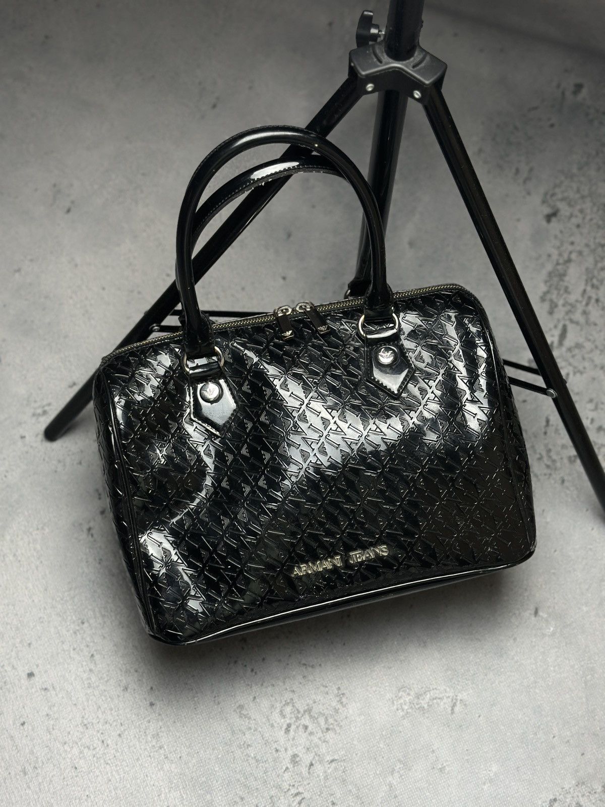 Armani Armani Jeans Tote Black Embossed Patent PVC Satchel Bag y2k Size ONE SIZE - 1 Thumbnail