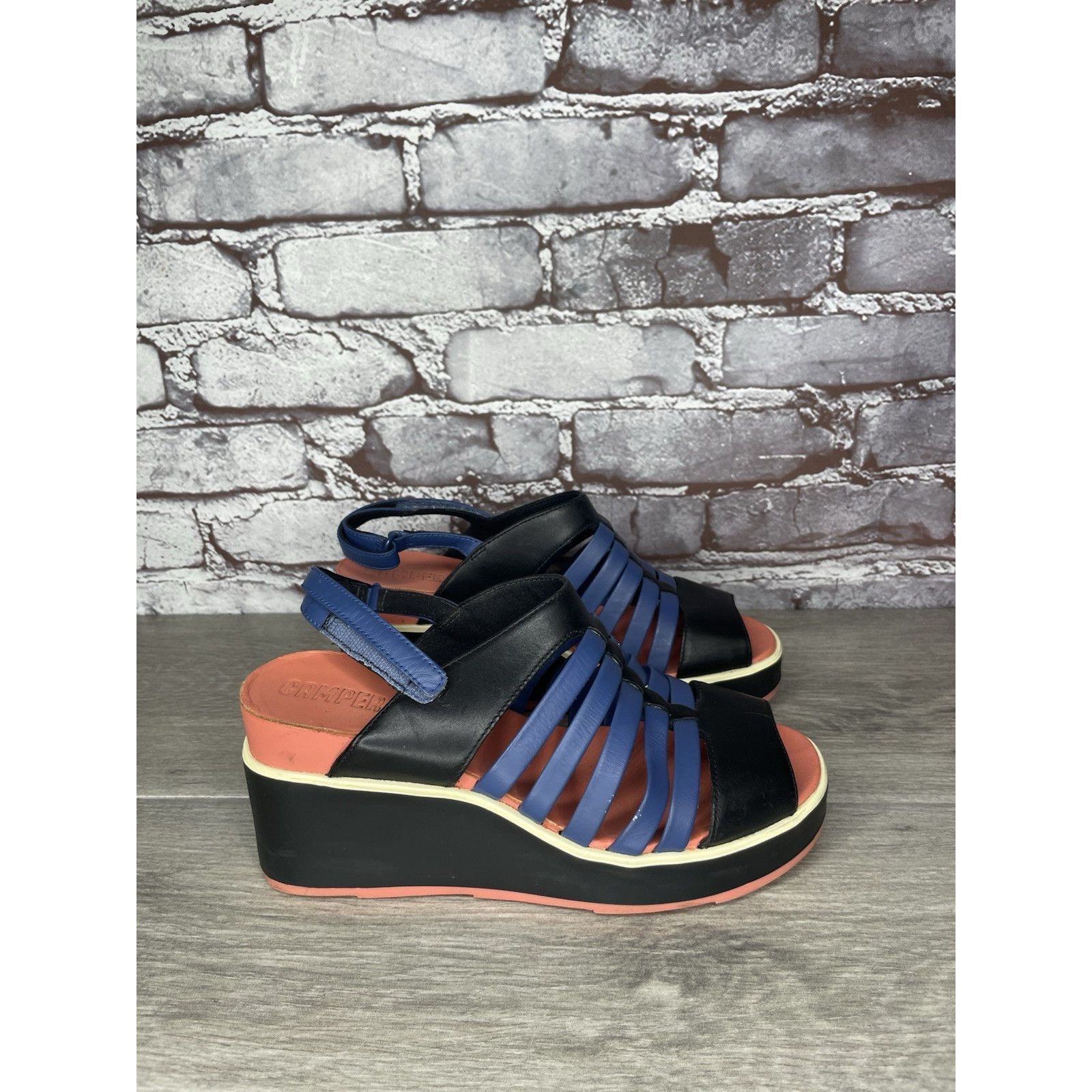 Camper Camper Tropic Black Blue Leather Ankle Strap Wedge Sandals W Size US 5.5 / IT 35.5 - 18 Thumbnail