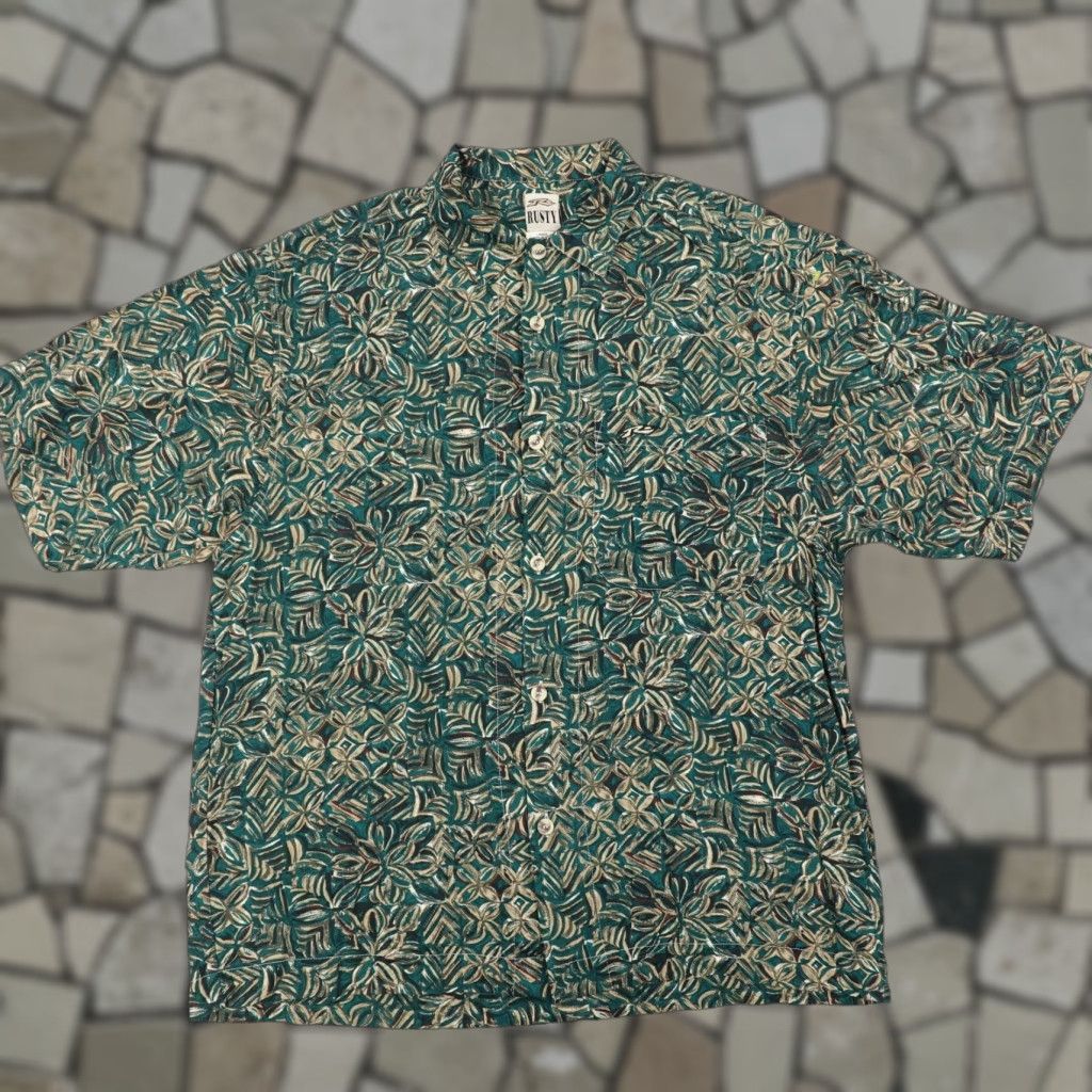 Rusty VINTAGE Rusty Shirt Mens Large Green Floral Hawaiian Aloha Surf Camp Y2K Beach Floral Button-Up Short Sleeve Mens Reg Shirt Size US L / EU 52-54 / 3 - 1 Thumbnail