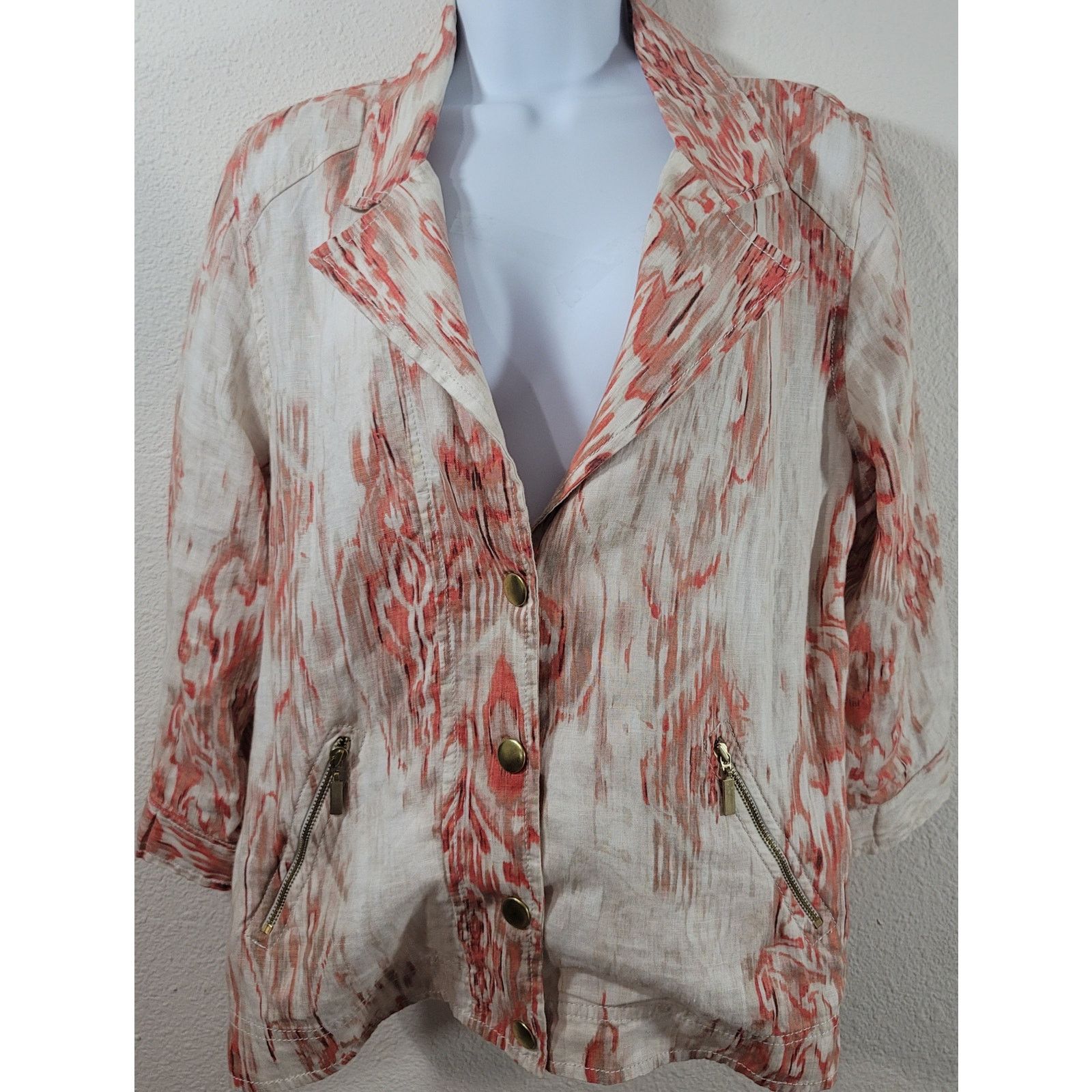 Chicos Chico's Cream Orange Abstract Half Snap Closure Jacket 2 L Size L / US 10 / IT 46 - 1 Thumbnail