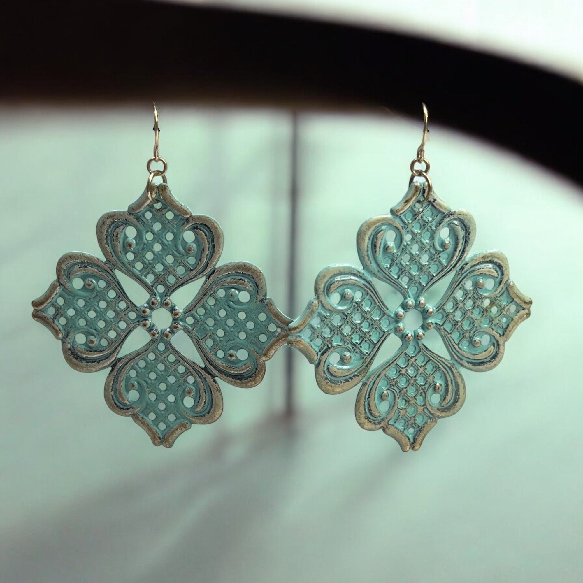 Vintage Ornate Filigree Mint Green Floral Earrings With Gold-Tone Size ONE SIZE - 1 Thumbnail