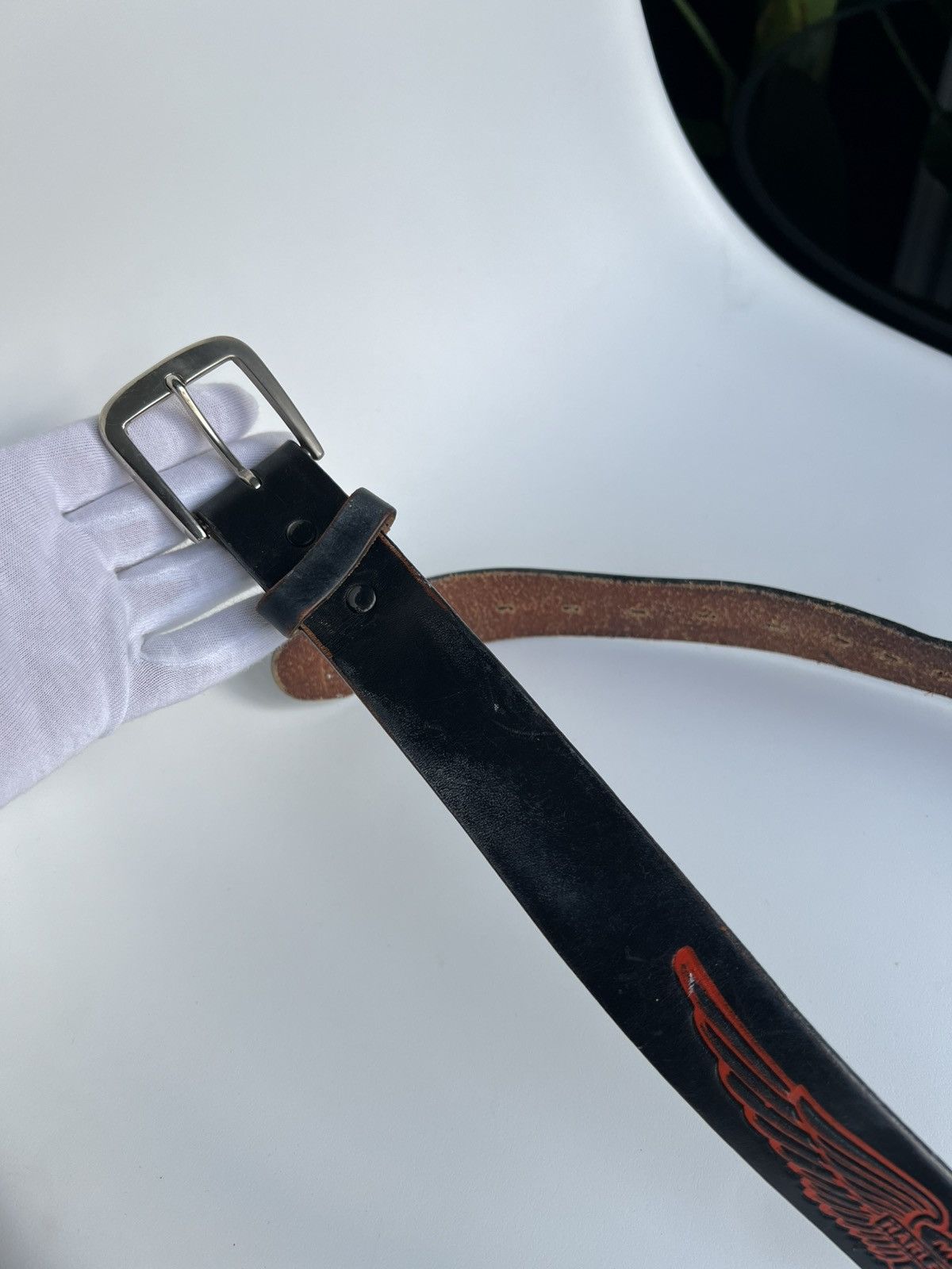 Harley Davidson Harley-Davidson Leather Belt Black Red Wings USA S Vintage Size 30 - 6 Thumbnail