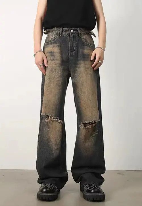 image of Retro Distressed Nostalgic Rust Raw Edge Ripped Jeans in Rusty Earth Color, Men's (Size 32)