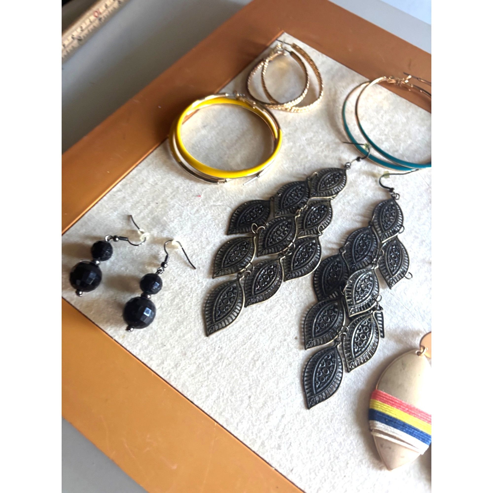 Other Mixed Earring Set With Gold Hoops Black Leaf Dangles Yellow Size ONE SIZE - 2 Thumbnail