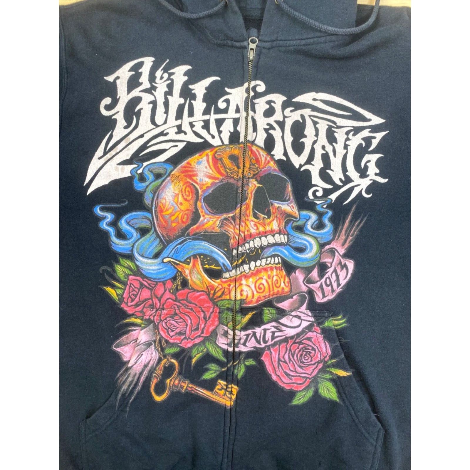 Billabong VINTAGE Billabong Jacket Mens L Black Skull Floral Surf Skate #8236 Size US L / EU 52-54 / 3 - 2 Thumbnail