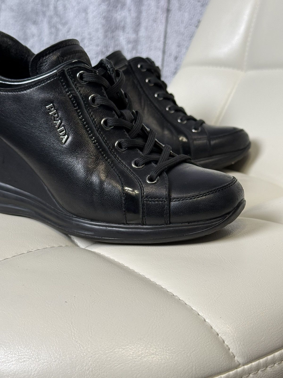 Prada PRADA Wedge Sneakers Black Leather Womens Platform Shoes Size US 6.5 / IT 36.5 - 10 Thumbnail