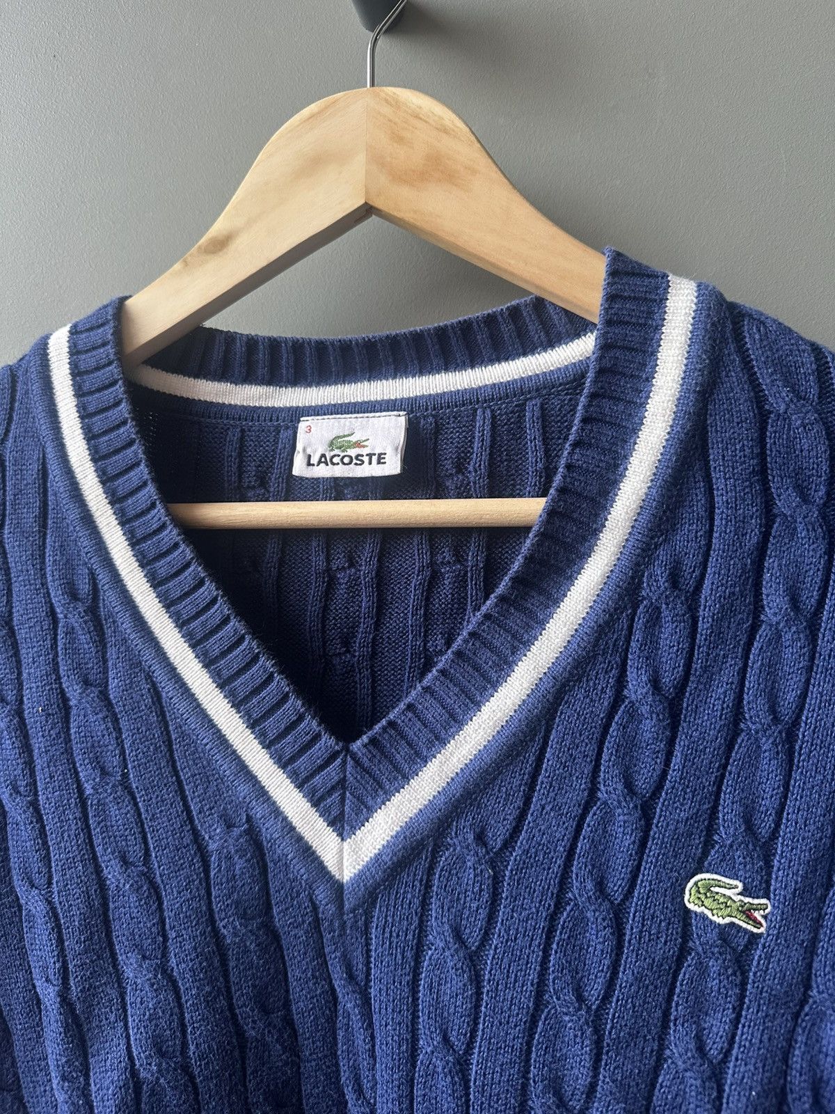 Lacoste Lacoste Cable Knit V-Neck Cotton Sweater Size 3 Size US M / EU 48-50 / 2 - 3 Thumbnail