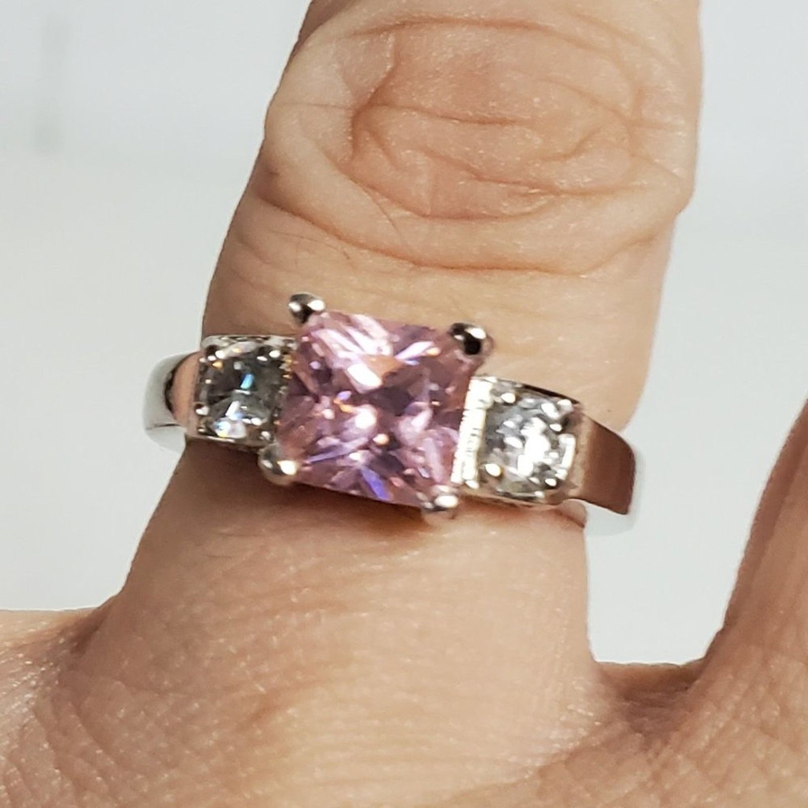 Designer White Gold Plated Pink Princess Cut & White Crystal Ring 6.5 Size ONE SIZE - 1 Thumbnail