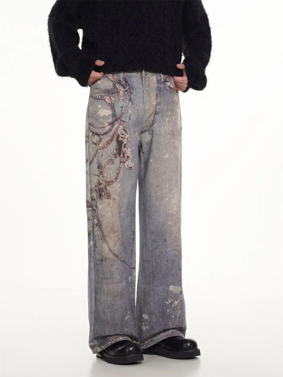 Japanese Brand × Jean Retro loose wide leg printed chain jeans Size US 32 / EU 48 - 1 Thumbnail