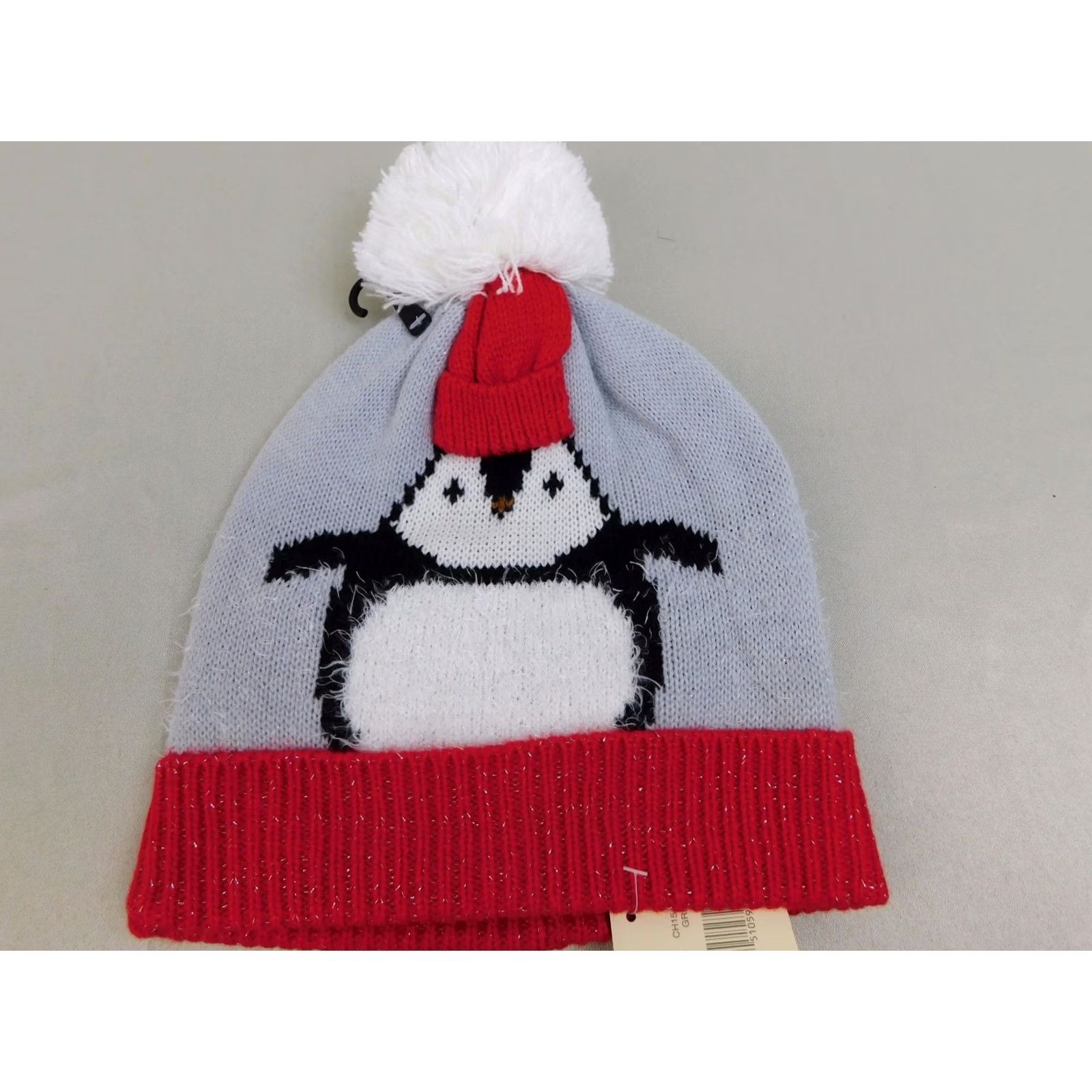 Vintage Collection XIIX Beanie Knit Christmas Hat Adults Womens One Size Gray Red Metallic Penguin Collection XIIX Holiday Winter Beanie Womens Size ONE SIZE - 2 Thumbnail