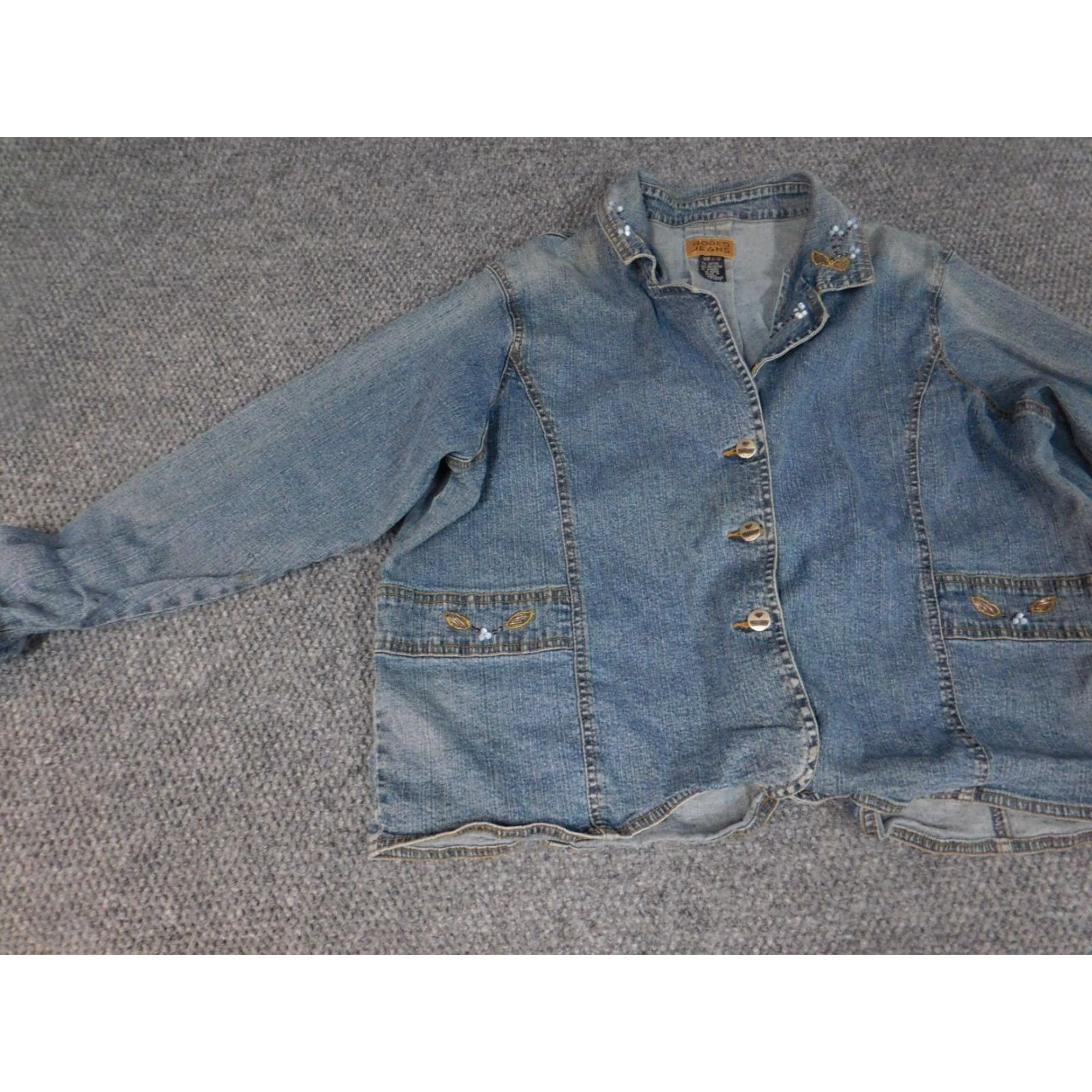 Denime Rodeo Jacket Womens 10 Blue Denim Button Long Sleeve Collared Embroidered Casual Basic Solid Mid-Length Jacket Coat Womens Size 32" / US 10 / IT 46 - 3 Thumbnail