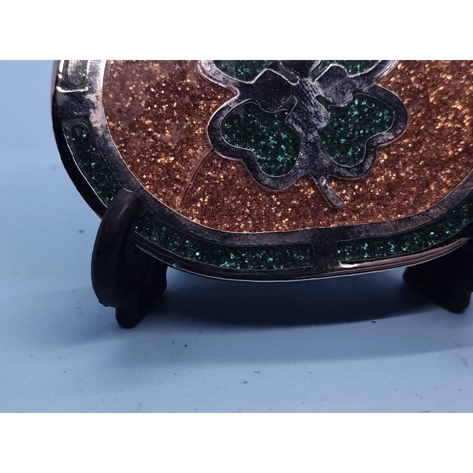 Vintage VINTAGE PSC Belt Buckle Silver Toned Four Leaf Clover Irish 1979 2 1/8" x 3" Glitter Green Orange Womens Mens Unisex Size ONE SIZE - 3 Thumbnail