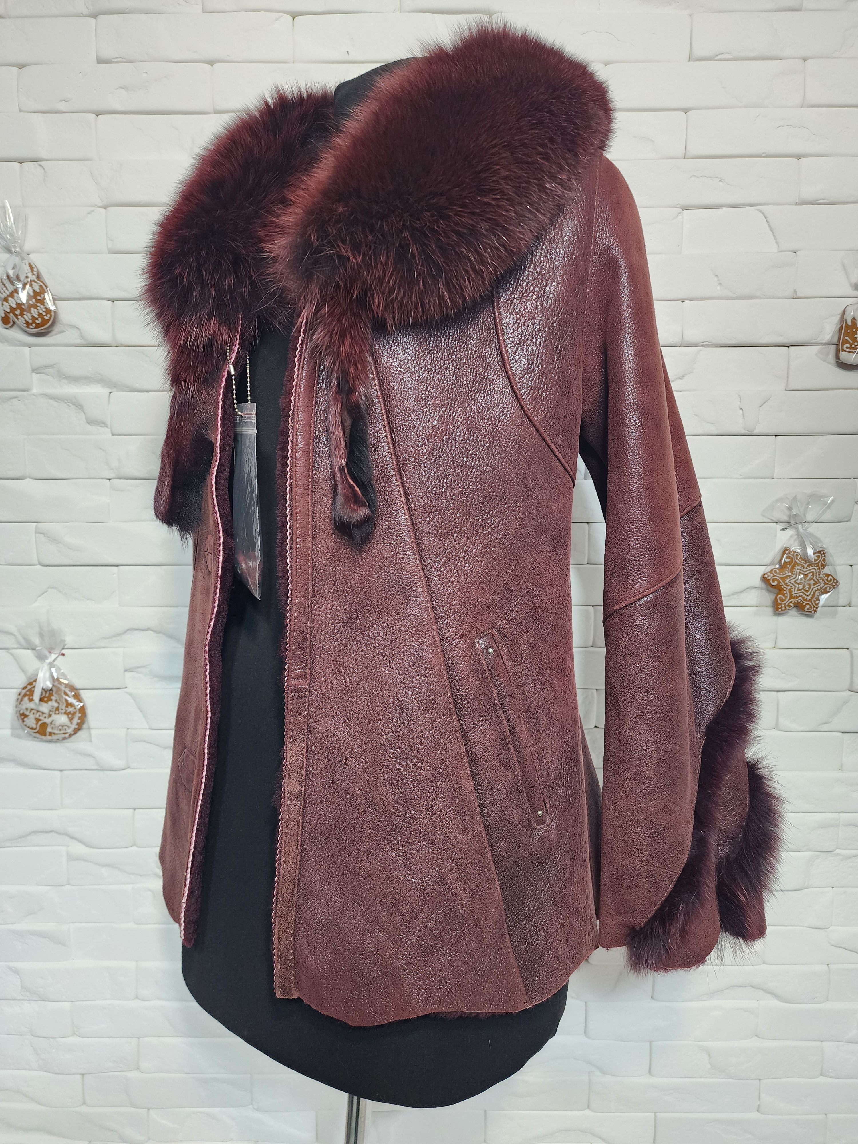 Genuine Leather Women's Brown Sheepskin Coat: Genuine Fur Collar Size M / US 6-8 / IT 42-44 - 3 Thumbnail