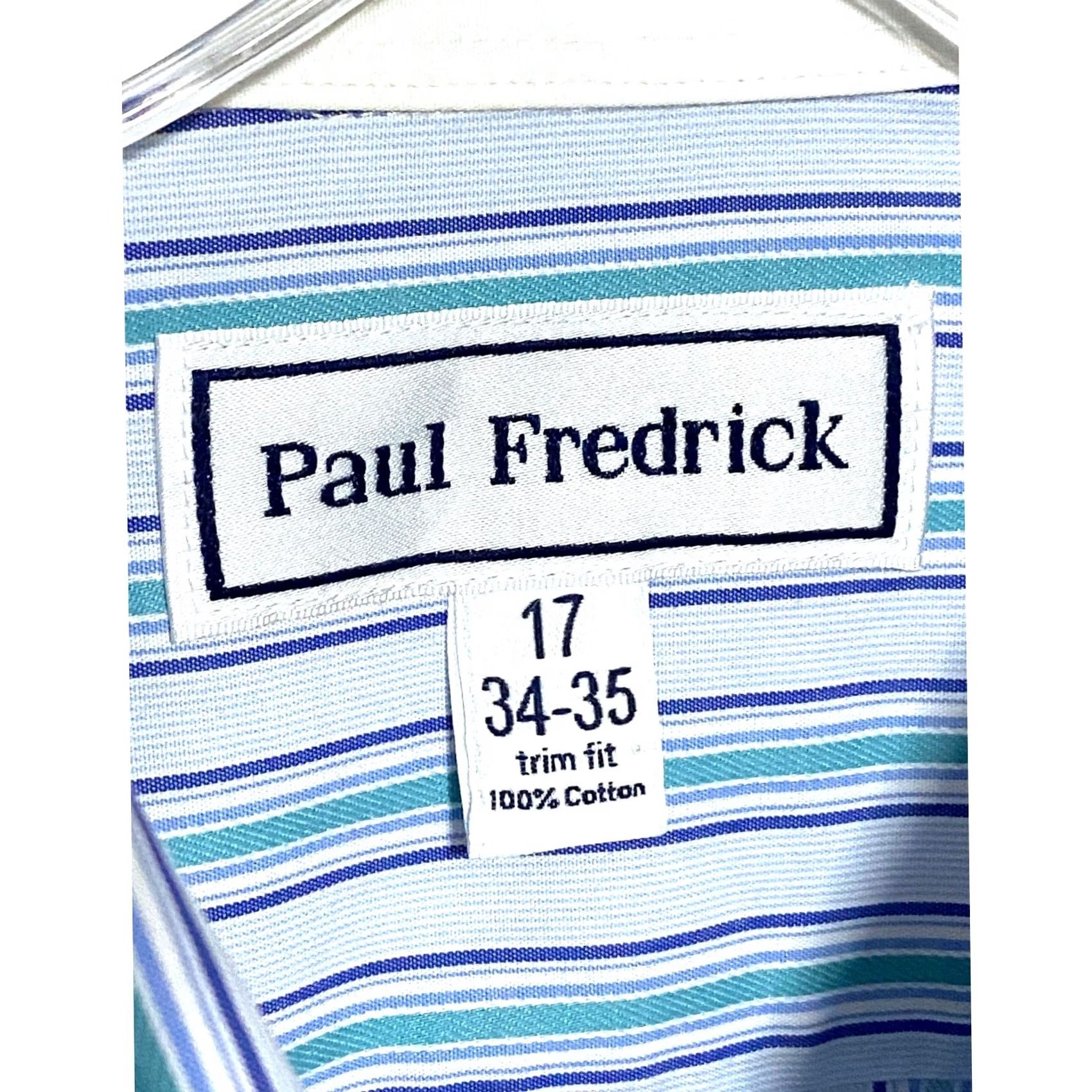 Vintage Paul Fredrick Non Iron Trim Fit Blue Striped Dress Shirt Mens 17 34-35 Career Size 46R - 5 Thumbnail