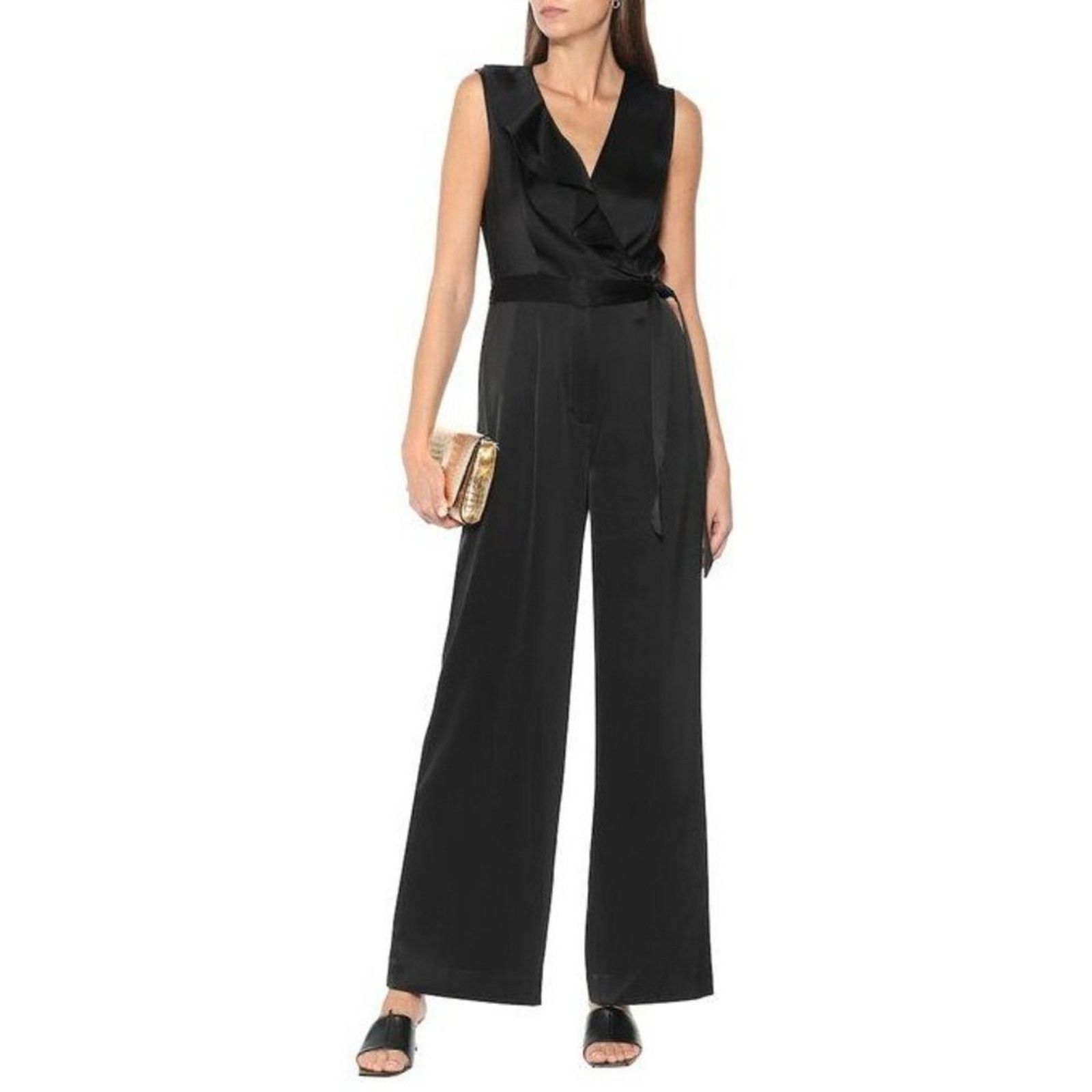 image of Diane Von Furstenberg Sol Wrap-Effect Satin Wide-Leg in Black, Women's (Size 26)