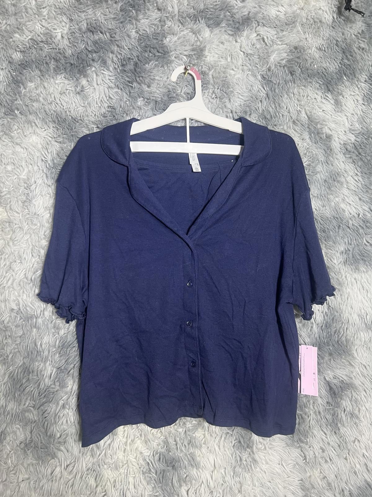 Other Wild fable Navy Blue Button-Up Shirt w Ruffle Sleeves Large Size ONE SIZE - 1 Thumbnail
