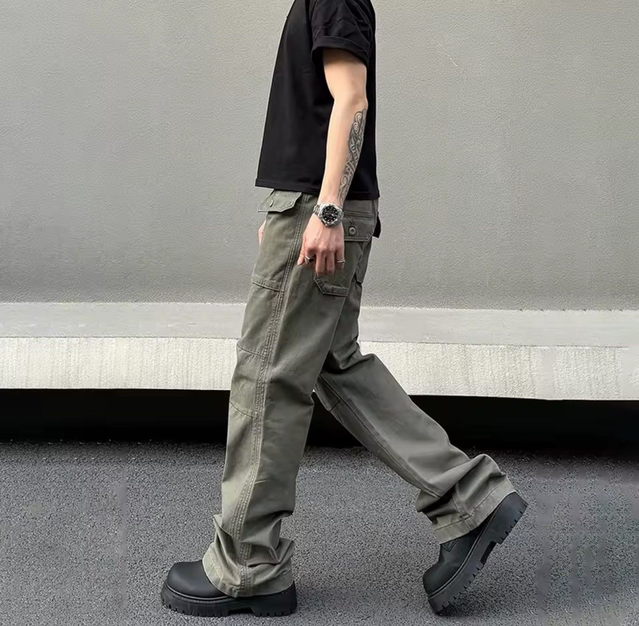 Designer × Other Streetwear Design Pocket Punk Loose Straight Cargo Pants Size US 35 - 5 Thumbnail