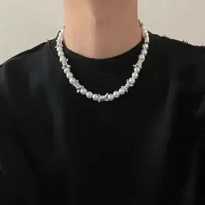Jewelry x Vintage Punk Imitation Pearl Thorns Chain Necklace in Silver, Men's