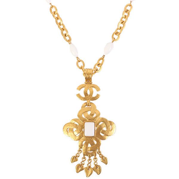 image of Chanel 1995 Made Diamond Motif Cc Mark Color Stone Long Necklace White in Grey, Women's