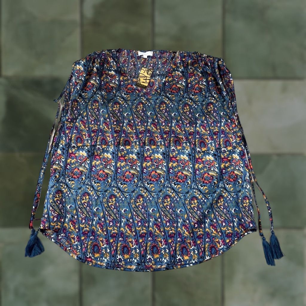 Vintage Weekend Suzanne Betro Women Large Blue Paisley Tie Shoulder Blouse Shirt Size L / US 10 / IT 46 - 1 Thumbnail