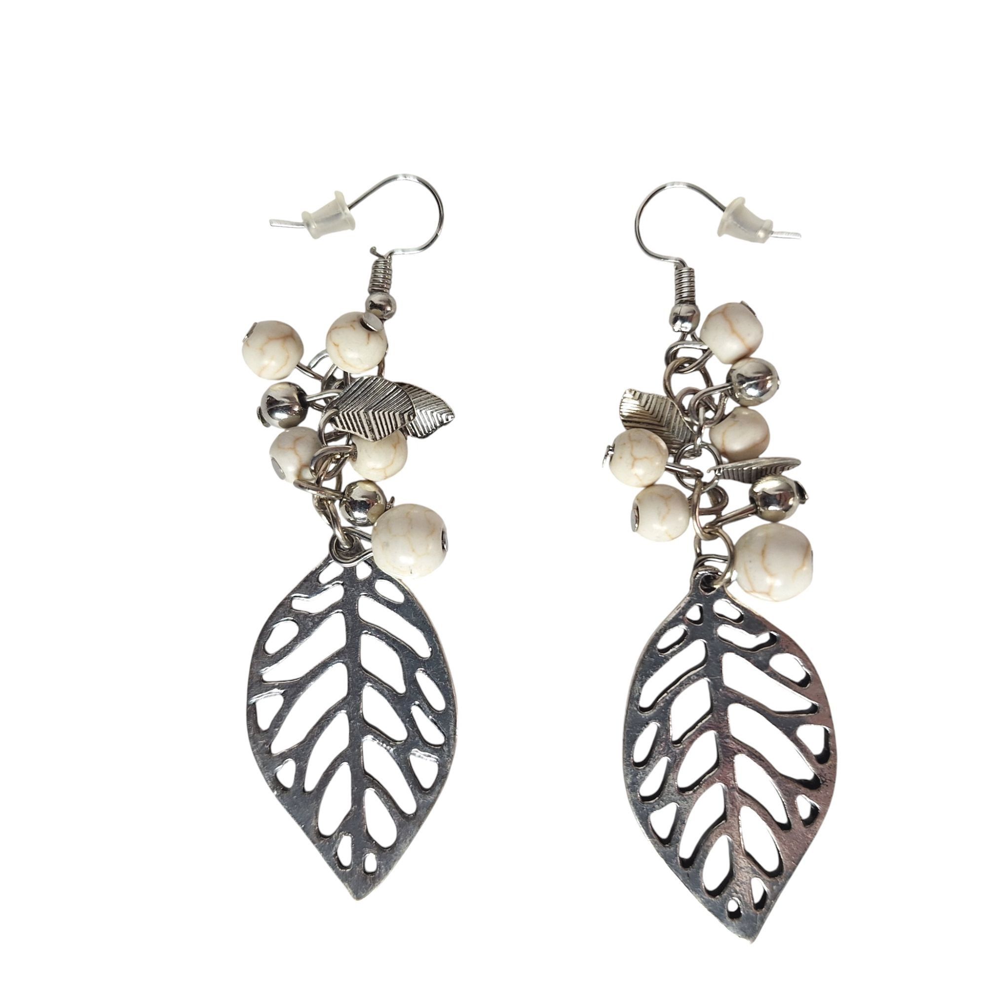 Other Boho Silver Leaf Dangle Earrings White Marble Bead Botanical Size ONE SIZE - 2 Thumbnail