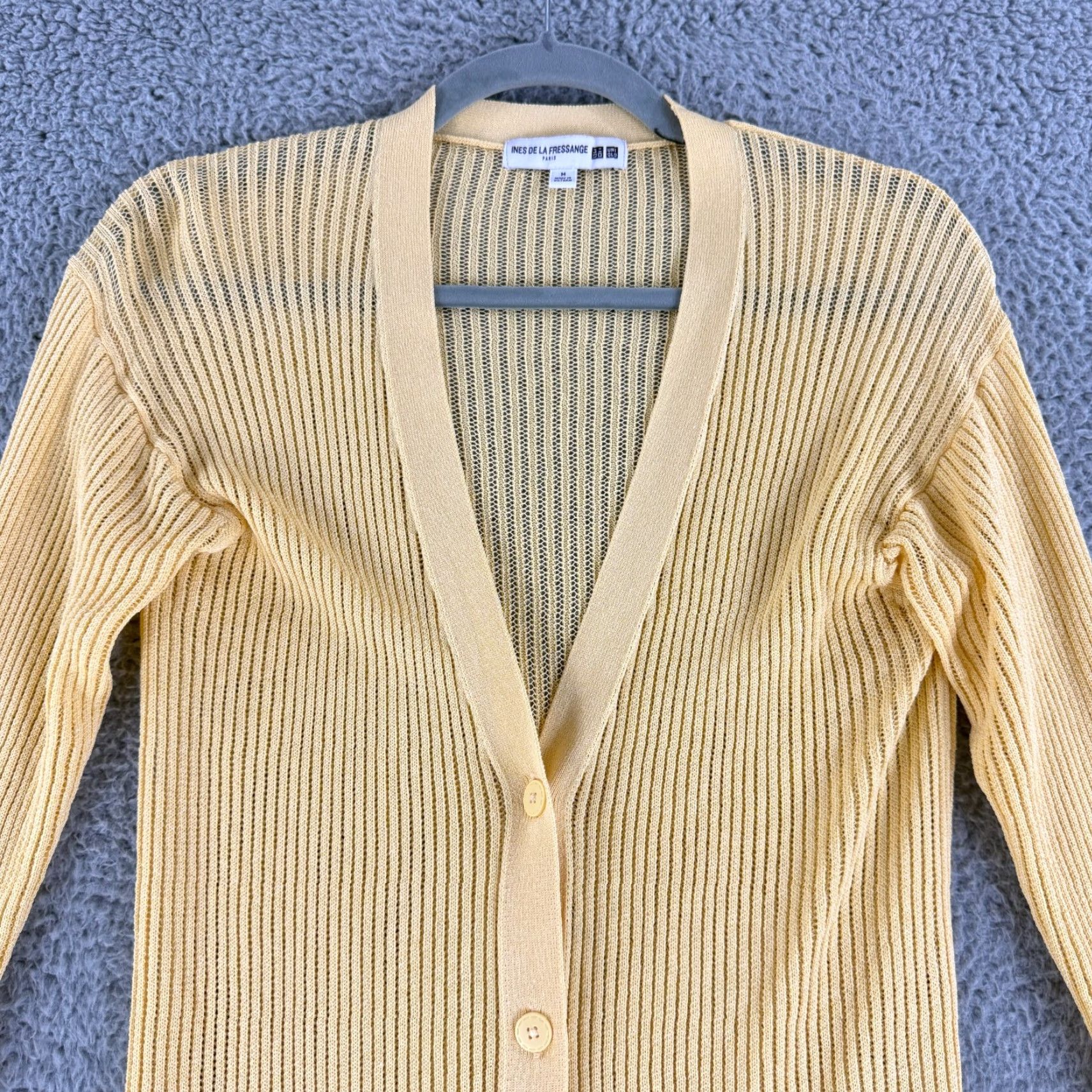 Uniqlo Uniqlo Cardigan Sweater Womens M Yellow Long Sleeve V-Neck Knit Open-Knit Casual Preppy Paris Pattern Solid Size M / US 6-8 / IT 42-44 - 2 Thumbnail