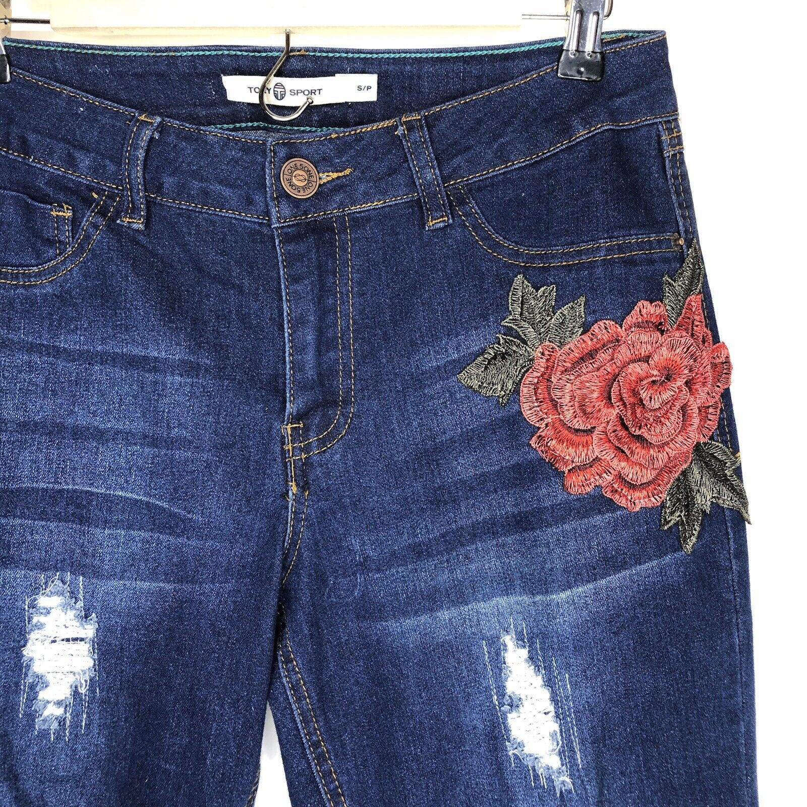 Other Tory Sport Women Jeans Sz SP Red Rose Applique Embroidered Size 29" - 4 Thumbnail