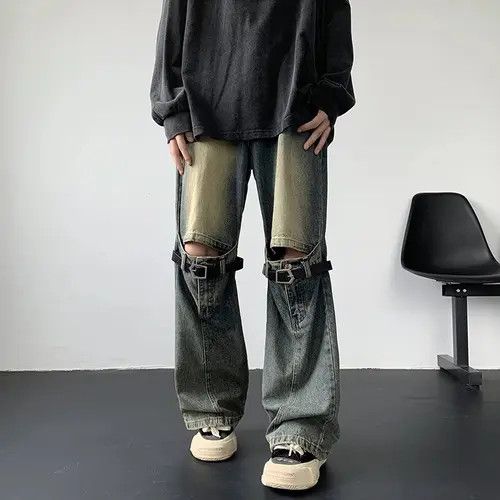 image of Distressed Denim x Jean Belt Hollow Flare Jeans in Vintage Blue, Men's (Size 33)