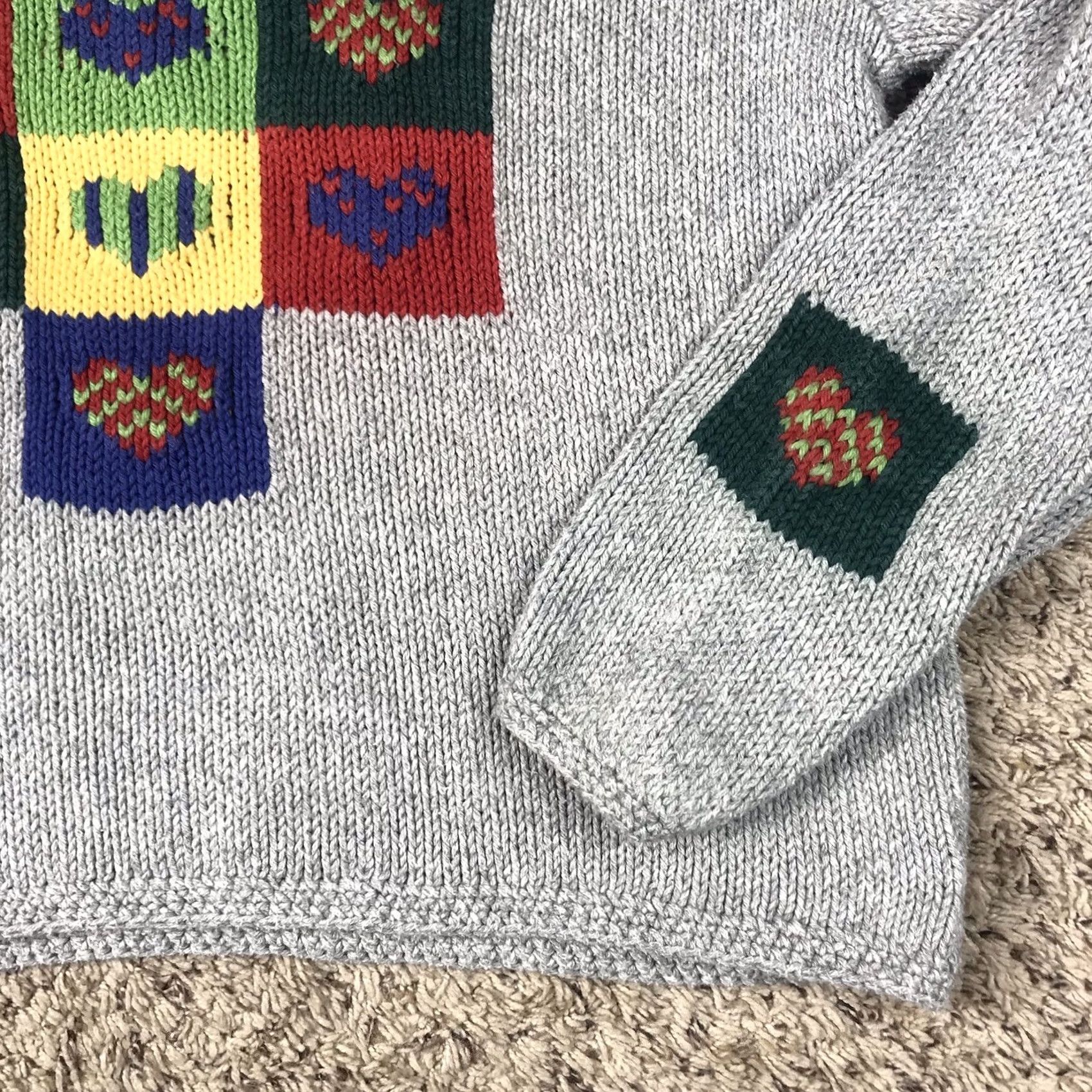 Jim Thompson VINTAGE Norm Thompson Womens Gray Crop Knit Sweater Small Heart Knit Graphic Pullover Long Sleeve Boat Neck Size S / US 4 / IT 40 - 6 Thumbnail